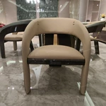 Barrel-Back Dining Chair with Woven Leather Accents, High-Gloss Wood Frame and Vertical Back Strap
